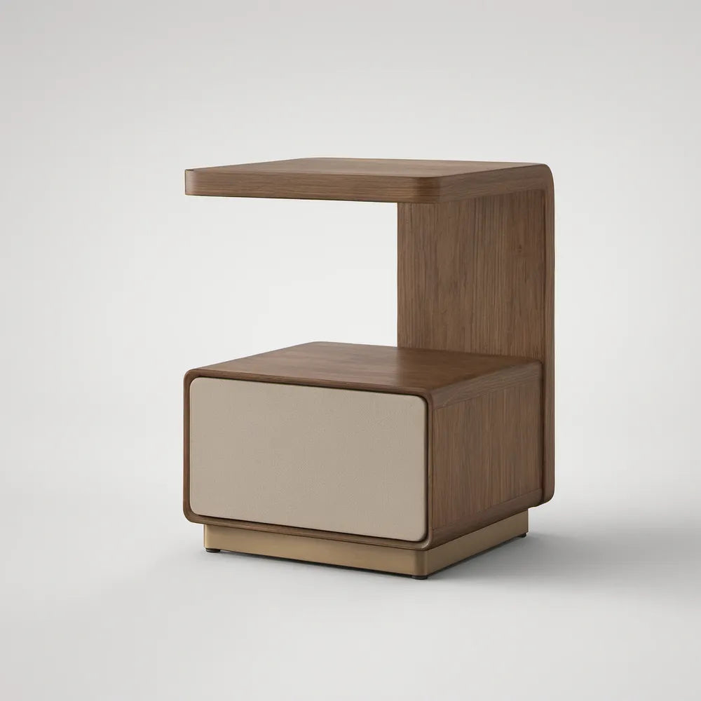 Mesa de Cabeceira com Gaveta em MDF Nogueira, PU Bege e Base Dourada 45 x 40 x 65 cm