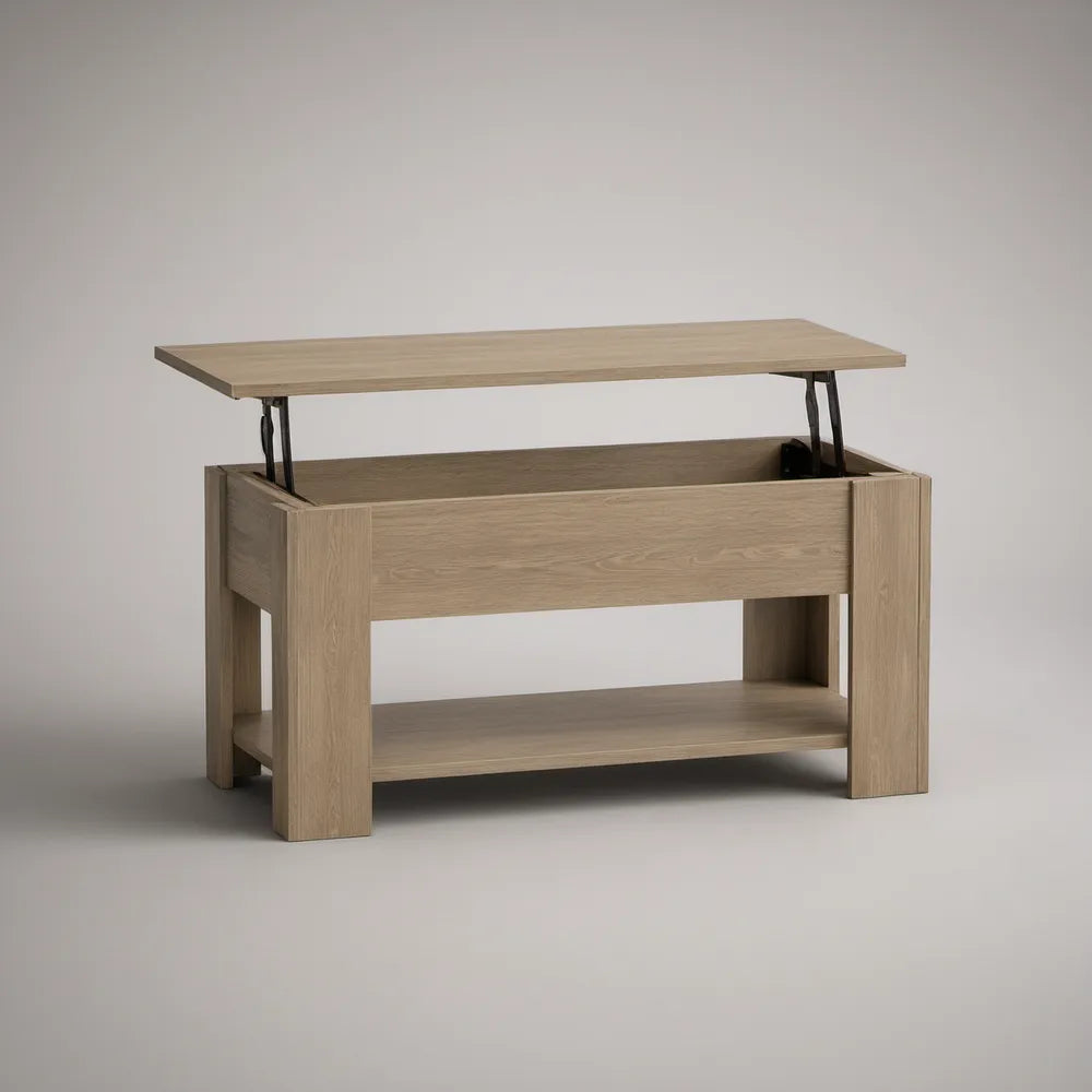 Mesa de Centro Elevatória Retangular em Carvalho Claro e Preto, 100 x 50 x 45 cm