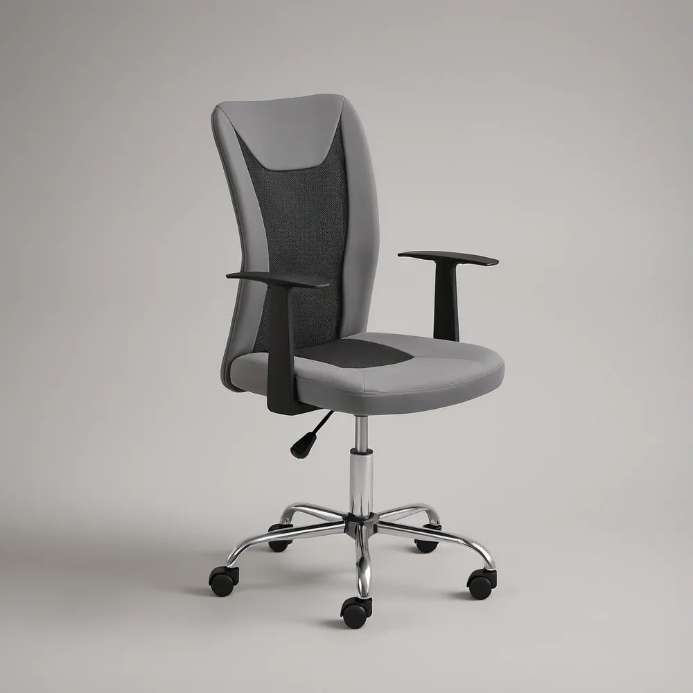 Cadeira Giratória Ergonómica em Pele Sintética PU e Malha Cinzenta, 62 x 62 x 112-122 cm