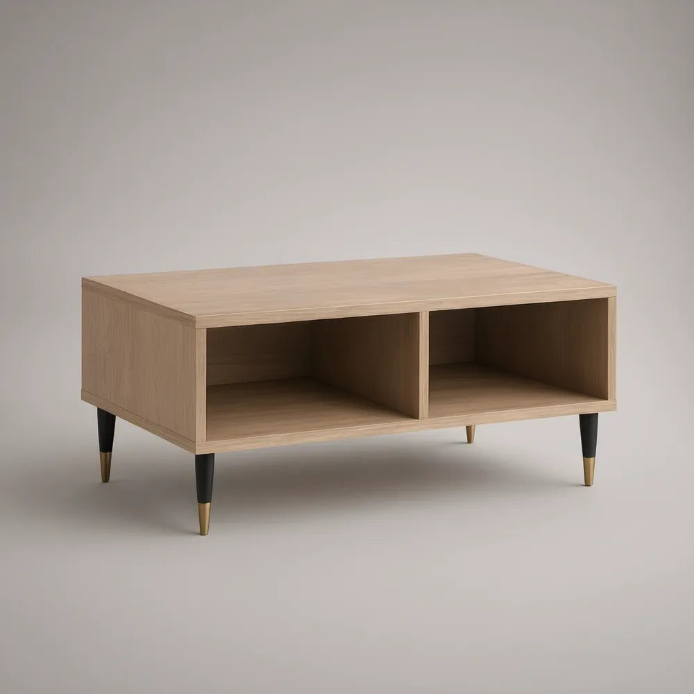 Mesa de Centro Retangular em MDF Carvalho Claro com Nichos, 100 x 50 x 45 cm