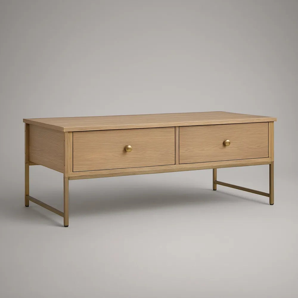 Mesa de Centro Retangular com 2 Gavetas em MDF Folheado a Carvalho, 120 x 60 x 45 cm