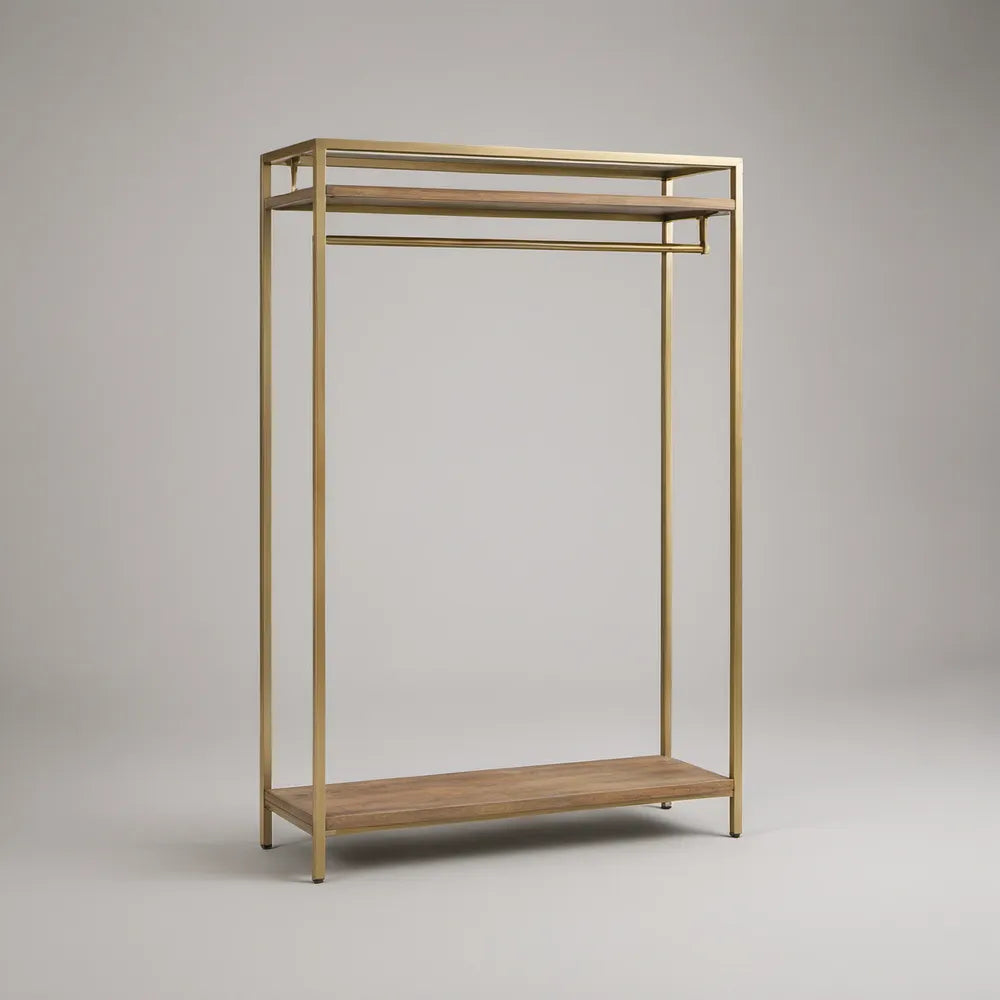 Roupeiro Aberto com Varão e Prateleiras em Aço Dourado e MDF Castanho 100 x 45 x 180 cm