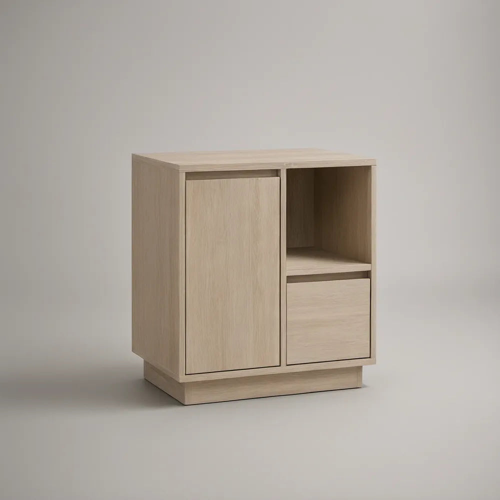 Mesa de Cabeceira Retangular em MDF Carvalho-Claro com Porta, Gaveta e Nicho, 60 x 40 x 65 cm