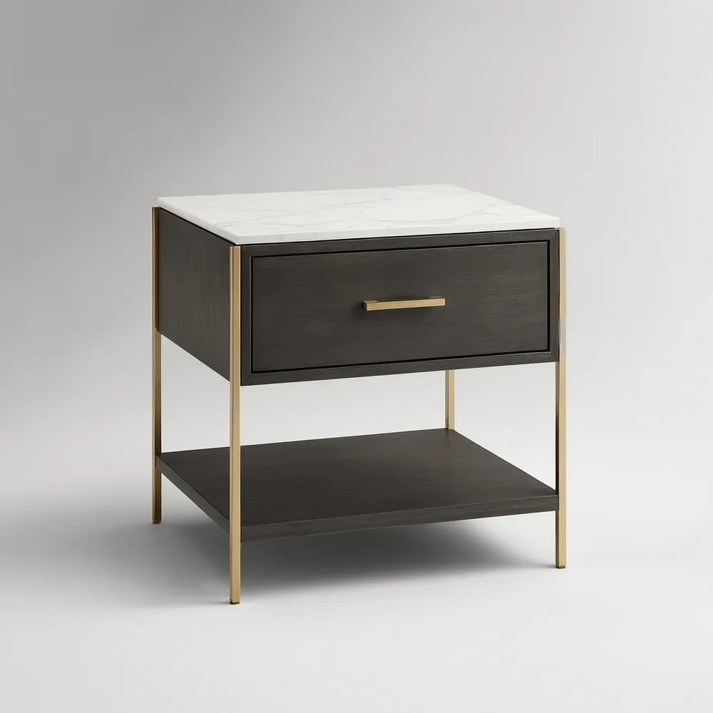 Mesa de Cabeceira com Gaveta e Prateleira 50 x 40 x 60 cm em Preto, Branco Marmoreado Cinzento e Dourado