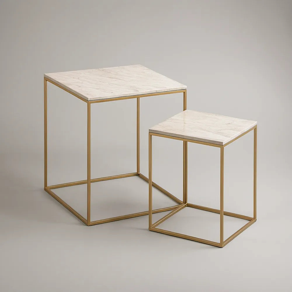 Conjunto de 2 Mesas Quadradas Encaixáveis em MDF Efeito Mármore Branco e Aço Dourado, 45 x 45 x 55 cm e 40 x 40 x 45 cm