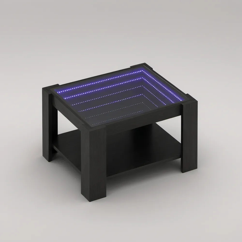 Mesa de Centro Quadrada com Espelho Infinito LED Violeta, Preta, 60 x 60 x 45 cm