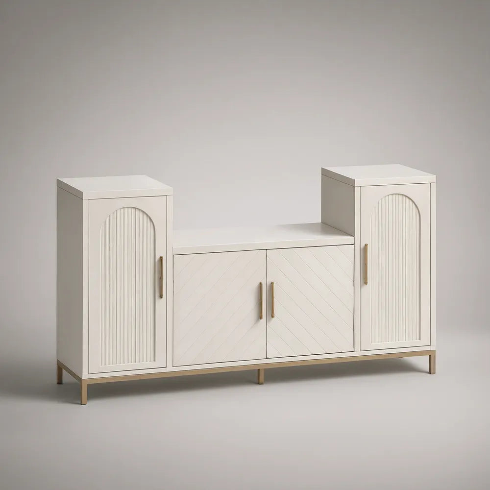 Aparador em MDF Branco e Dourado com 4 Portas, 160 x 40 x 90 cm