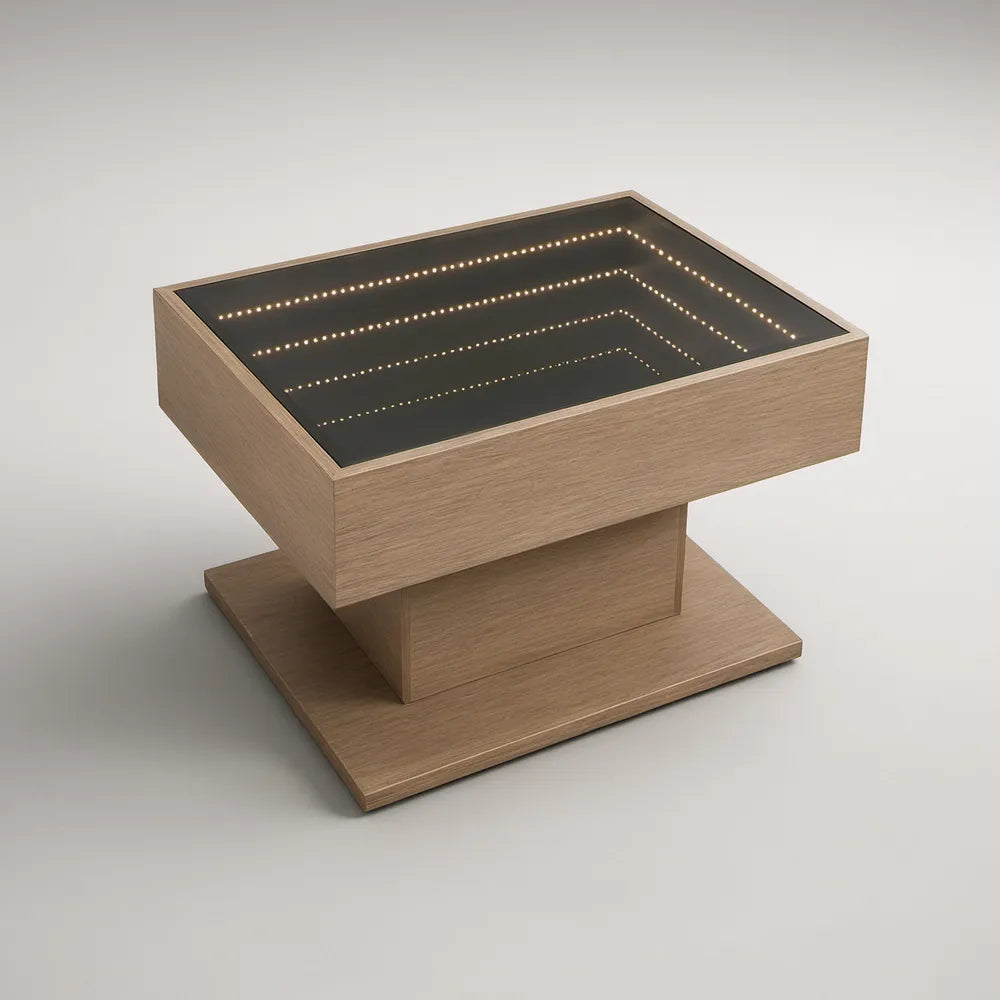 Mesa de Centro Retangular com Iluminação LED, Vidro Temperado Preto e MDF em Carvalho Claro, 80 x 60 x 45 cm