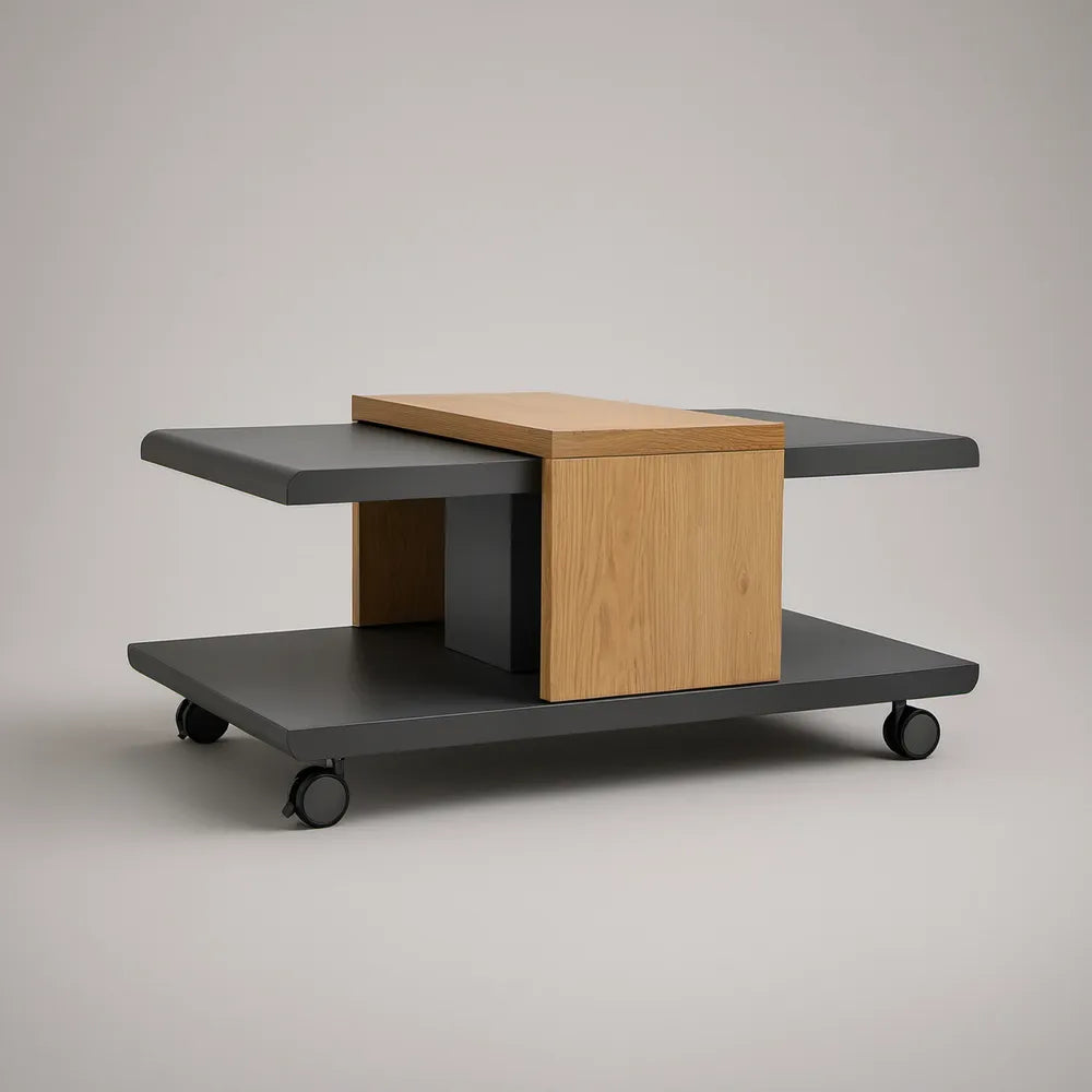 Mesa de Centro Retangular com Rodízios em MDF Preto e Carvalho Natural 100 x 60 x 48 cm