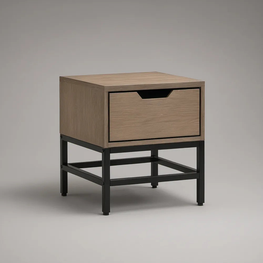Mesa de cabeceira em MDF cor de carvalho e aço preto com gaveta, 45 x 40 x 55 cm