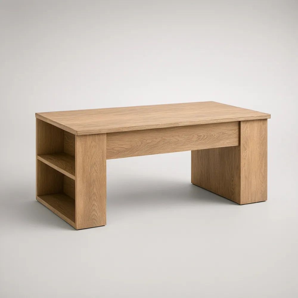 Mesa de Centro Retangular com Prateleiras em MDF Efeito Carvalho Natural 120 x 60 x 45 cm